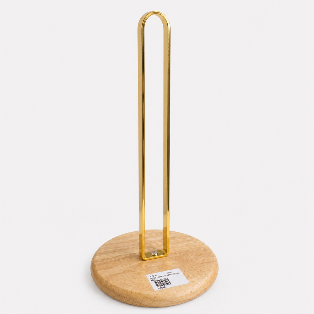 Premium Paper Towel Holder with Wooden Base | Gold & Black