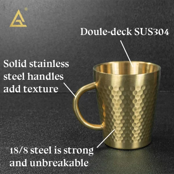 Stainless Steel Hammered Texture Glass with Handle – Double Wall Insulated Coffee Cup