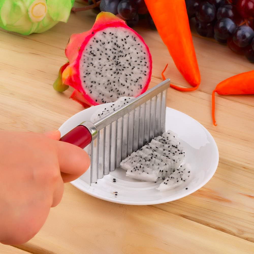 Multifunctional Stainless Steel Potato Wavy Knife Cutter Crinkle Chip Cutter Potato Slicer Stainless Steel Corrugated Knife Wavy Cutter French Fry Cutter Kitchen Gadget Cucumber Carrot Fruit Vegetable