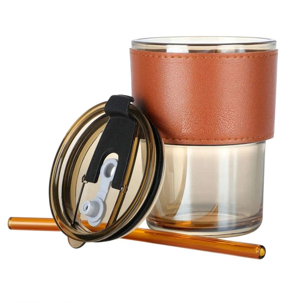 350ml Glass Tumbler with Straw & Leather Sleeve
