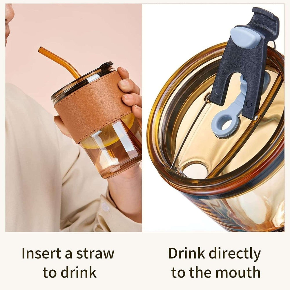 350ml Glass Tumbler with Straw & Leather Sleeve