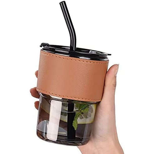 350ml Glass Tumbler with Straw & Leather Sleeve
