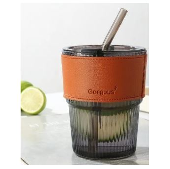 350ml Glass Tumbler with Straw & Leather Sleeve