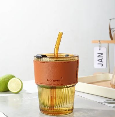 350ml Glass Tumbler with Straw & Leather Sleeve
