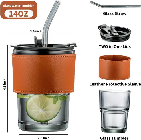 350ml Glass Tumbler with Straw & Leather Sleeve