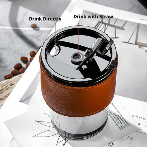 350ml Glass Tumbler with Straw & Leather Sleeve