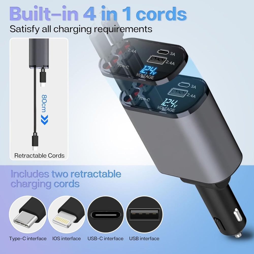 4-in-1 Car Fast Charger with RetrAactable iPhone & Type-C Cables, PD & USB Ports – Universal Multi-Device Charging Solution