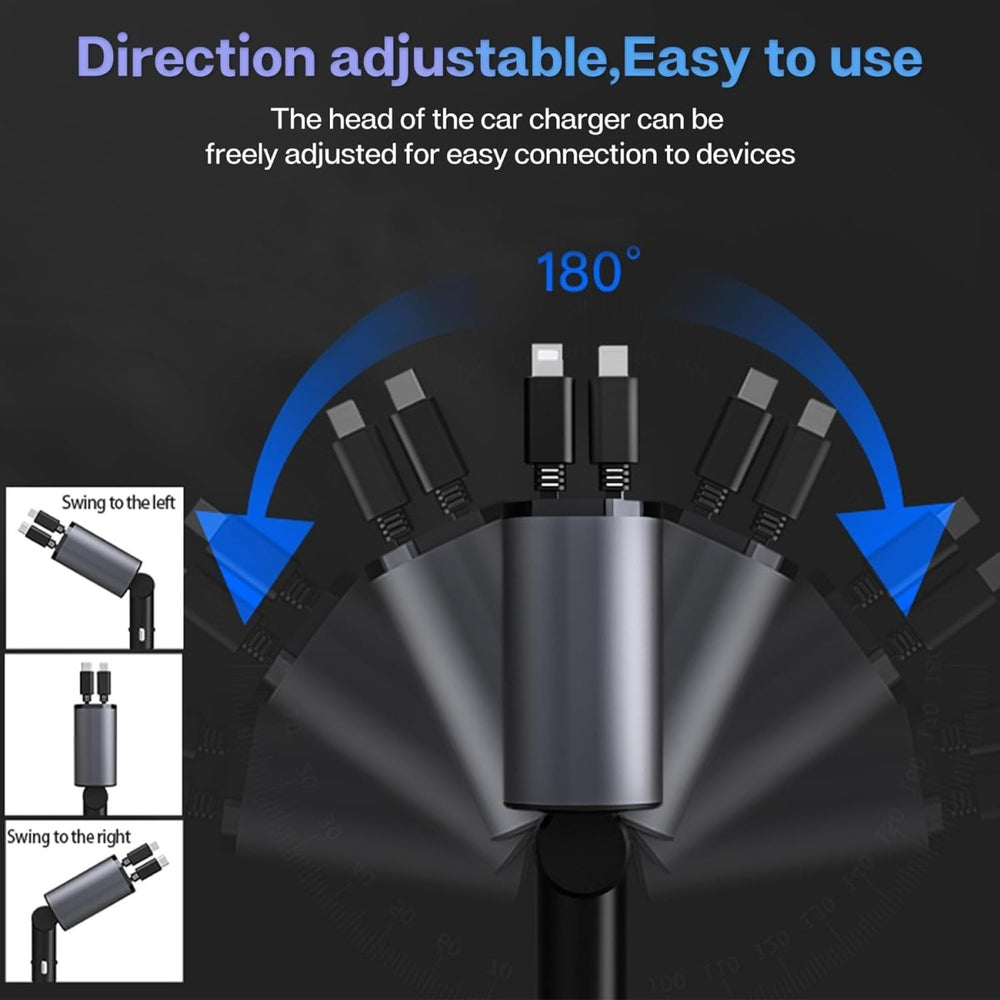 4-in-1 Car Fast Charger with RetrAactable iPhone & Type-C Cables, PD & USB Ports – Universal Multi-Device Charging Solution