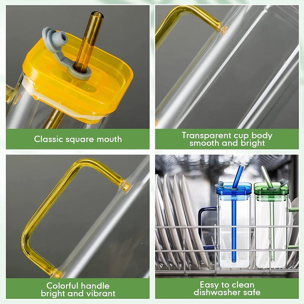 400ml Square Glass Mug With Handle, Straw & Lid