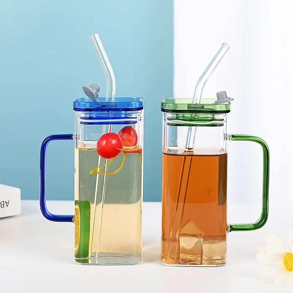 400ml Square Glass Mug With Handle, Straw & Lid