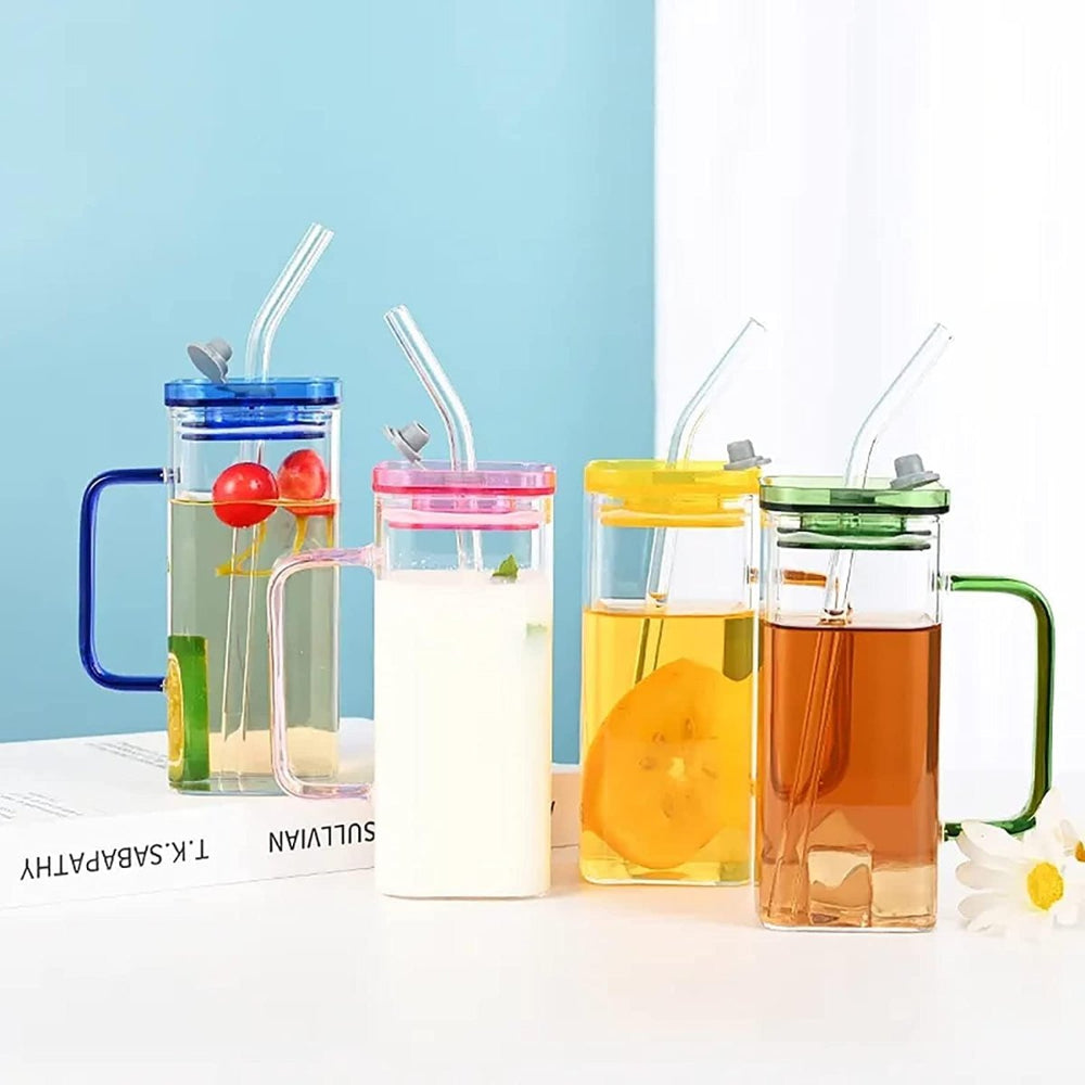 400ml Square Glass Mug With Handle, Straw & Lid