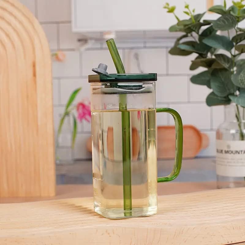 400ml Square Glass Mug With Handle, Straw & Lid