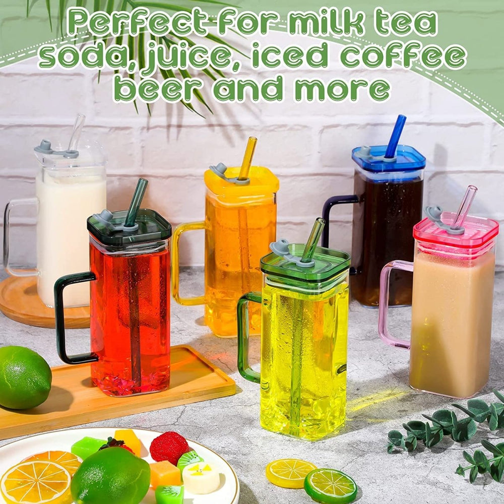 400ml Square Glass Mug With Handle, Straw & Lid