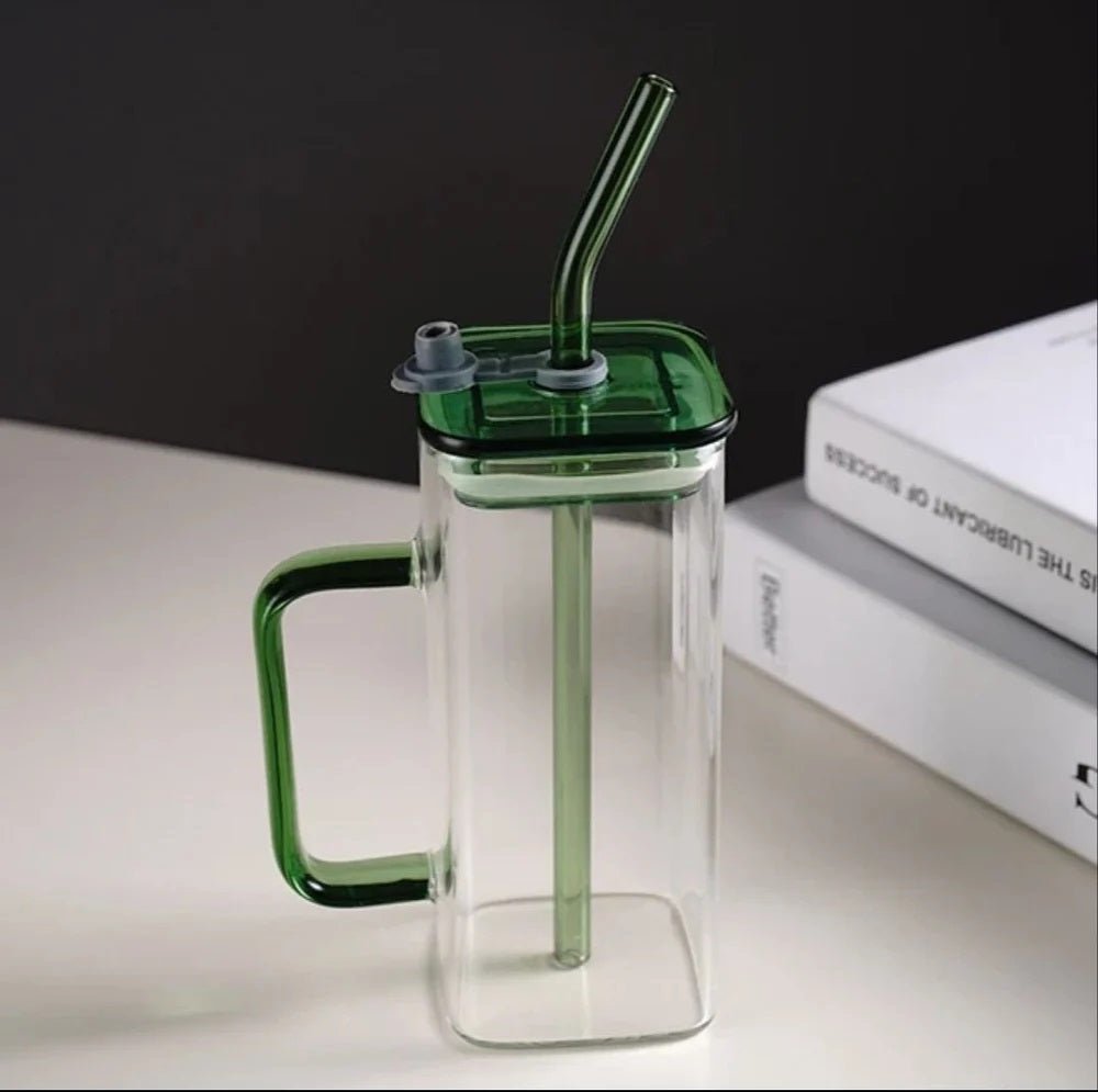 400ml Square Glass Mug With Handle, Straw & Lid