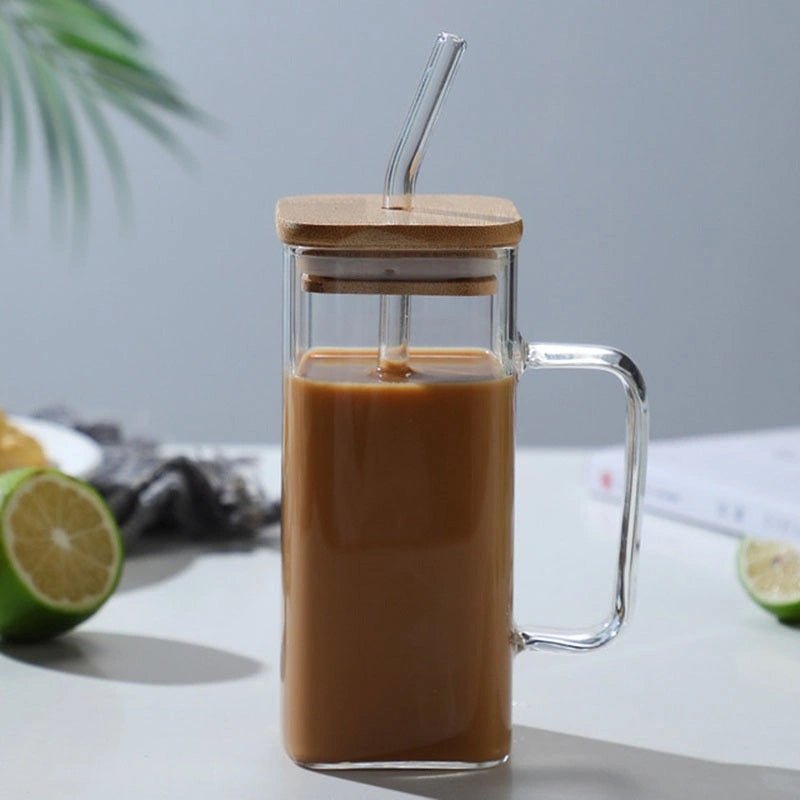 400ml Square Glass Mug With Handle, Straw & Wooden Lid