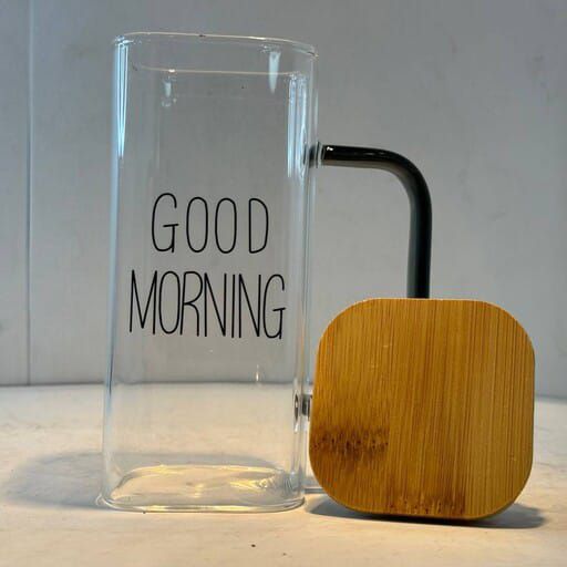 400ml Square Glass Mug With Handle, Straw & Wooden Lid