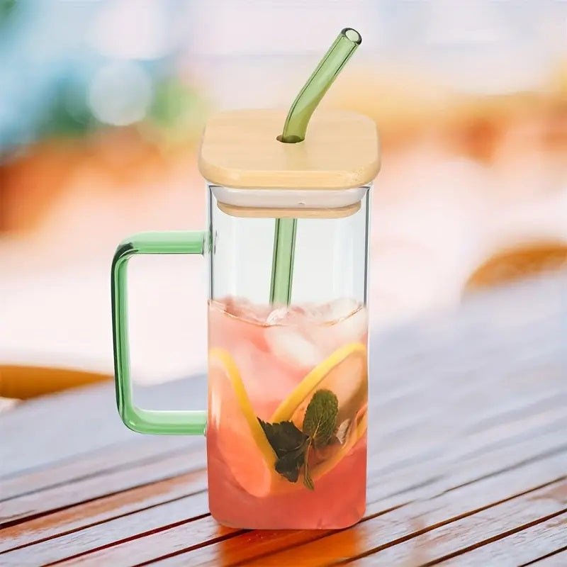 400ml Square Glass Mug With Handle, Straw & Wooden Lid