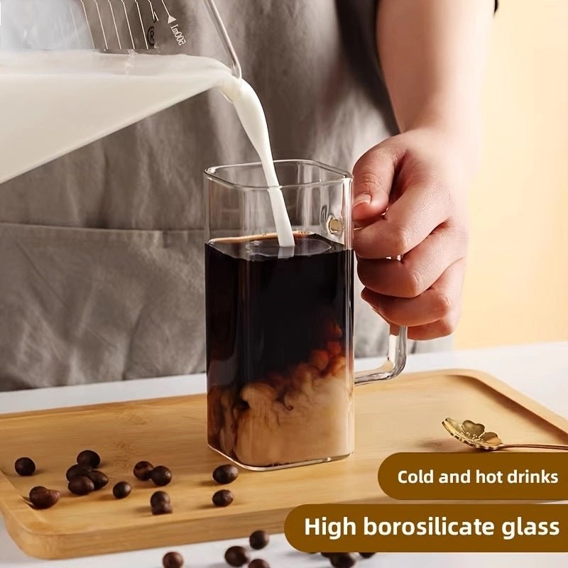 400ml Square Glass Mug With Handle, Straw & Wooden Lid