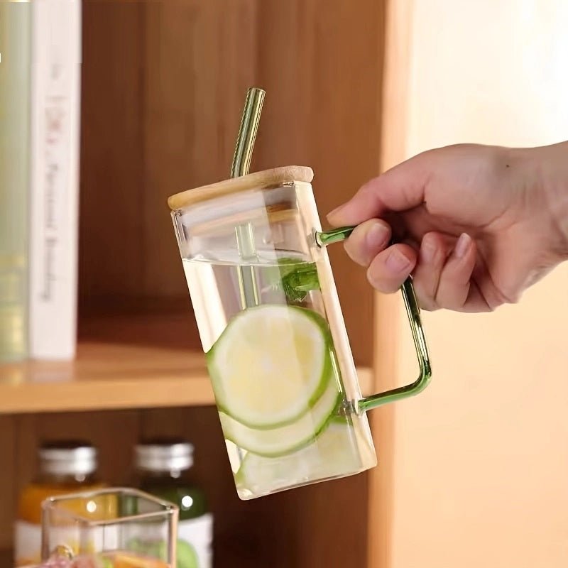 400ml Square Glass Mug With Handle, Straw & Wooden Lid