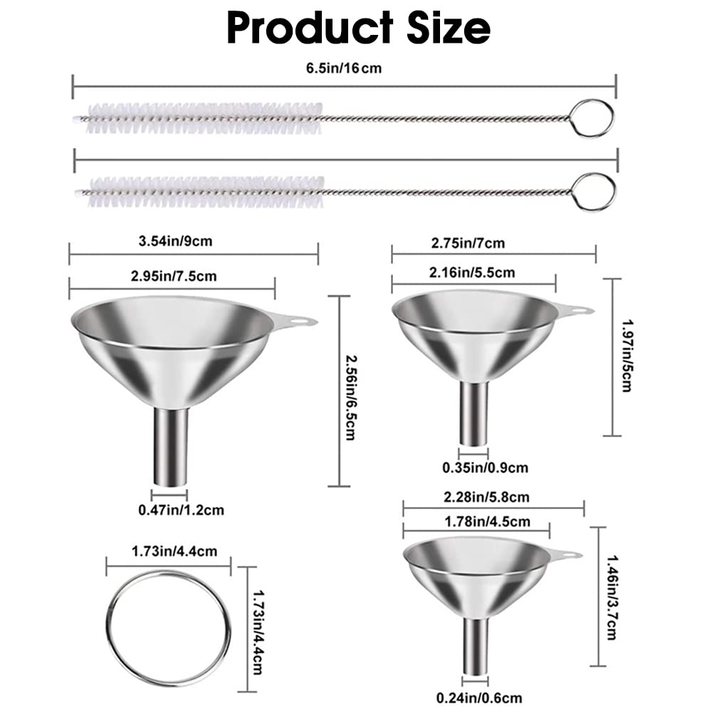 3Pcs Stainless Steel Kitchen Funnel Set with Cleaning Brush – Large, Medium & Small