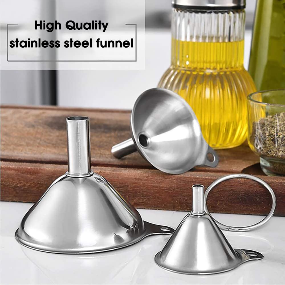 3Pcs Stainless Steel Kitchen Funnel Set with Cleaning Brush – Large, Medium & Small