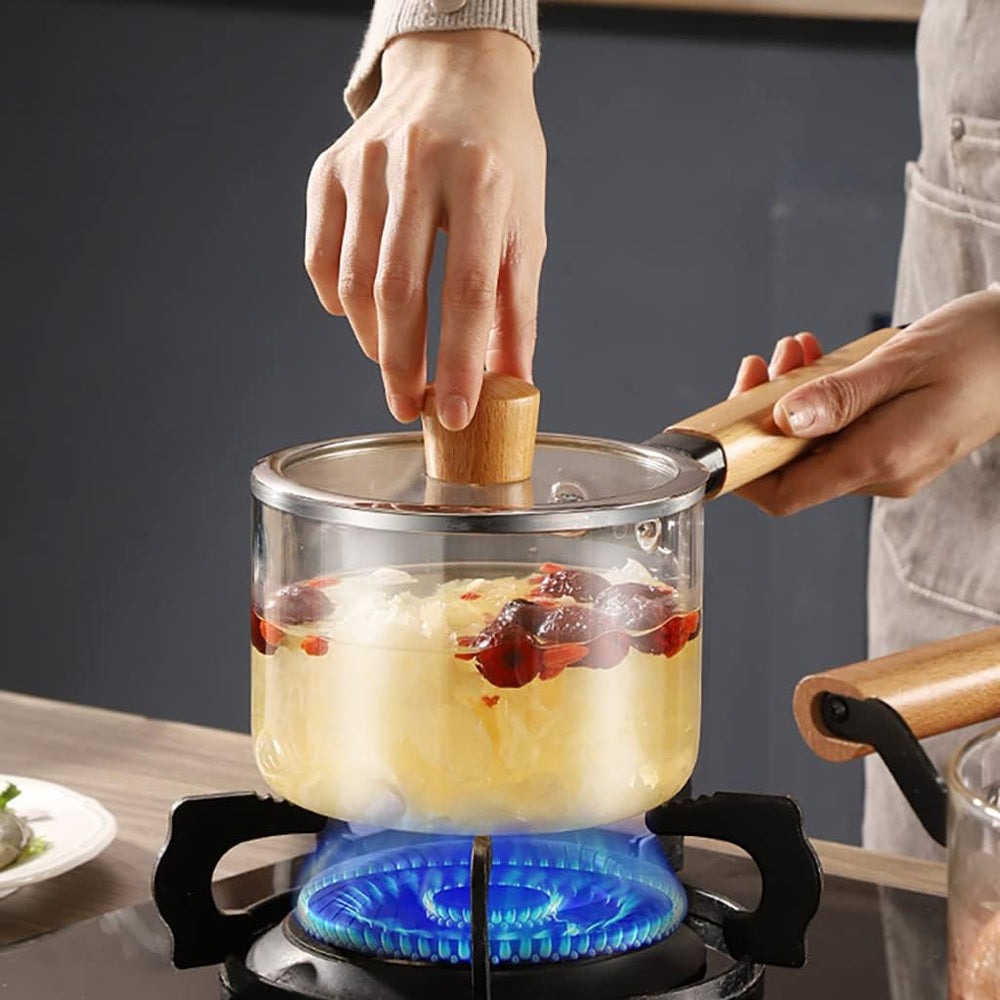 Glass Pot With Long Wooden Handle & Glass Lid