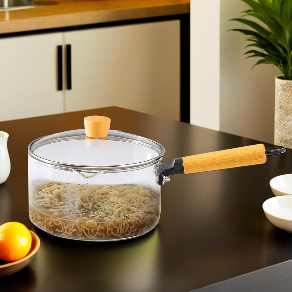 Glass Pot With Long Wooden Handle & Glass Lid