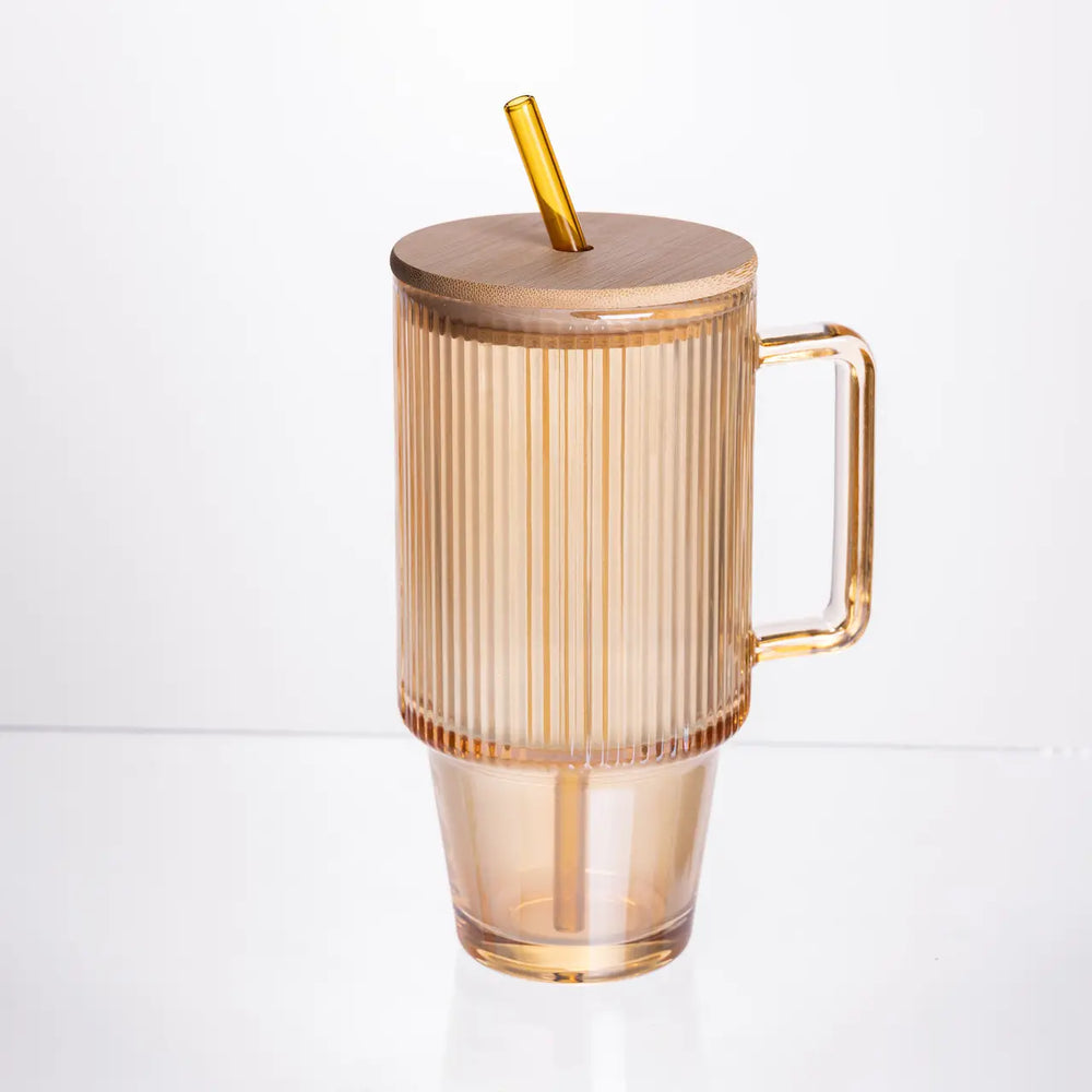 Ribbed Glass Tumbler with Handle, Straw & Bamboo Lid