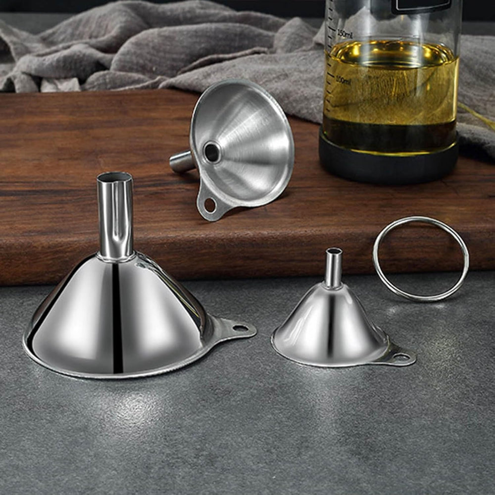 3Pcs Stainless Steel Kitchen Funnel Set with Cleaning Brush – Large, Medium & Small