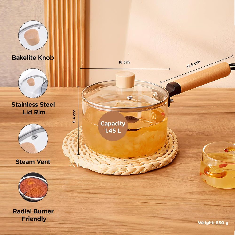 Glass Pot With Long Wooden Handle & Glass Lid