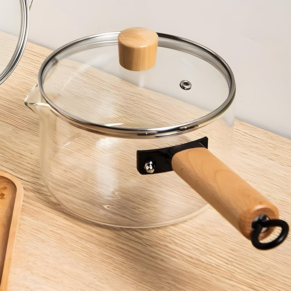 Glass Pot With Long Wooden Handle & Glass Lid