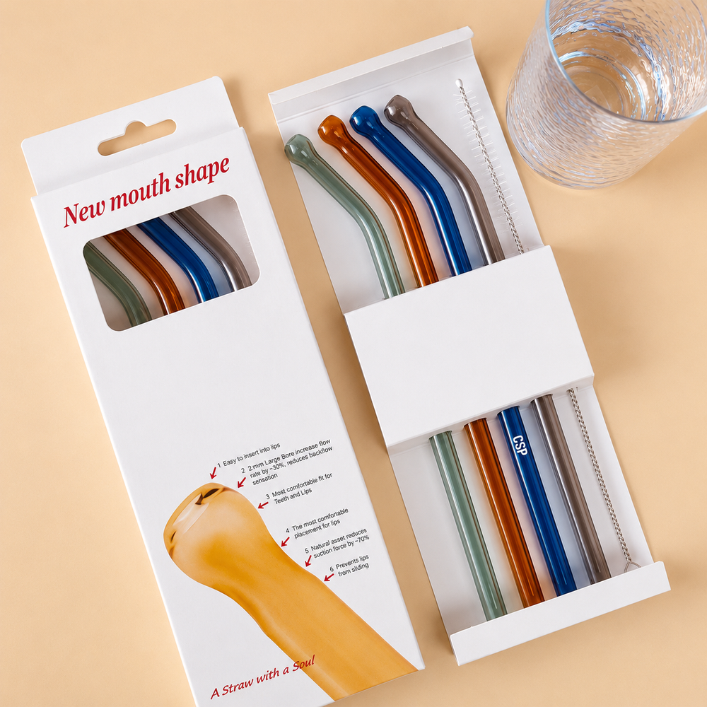 Set of 4 Mouth-Shape Reusable Glass Straws with Cleaning Brush