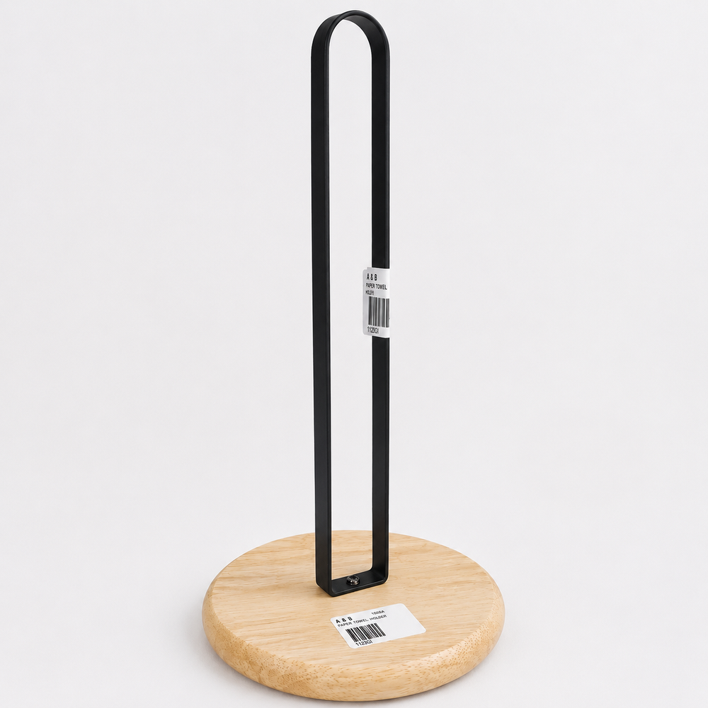 Premium Paper Towel Holder with Wooden Base | Gold & Black
