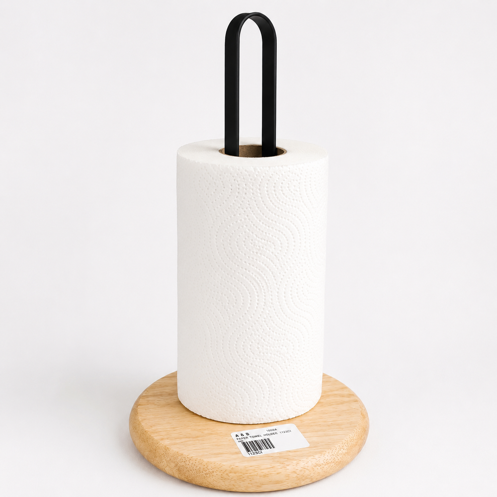 Premium Paper Towel Holder with Wooden Base | Gold & Black