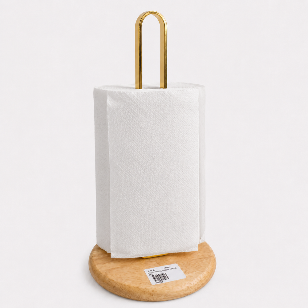 Premium Paper Towel Holder with Wooden Base | Gold & Black