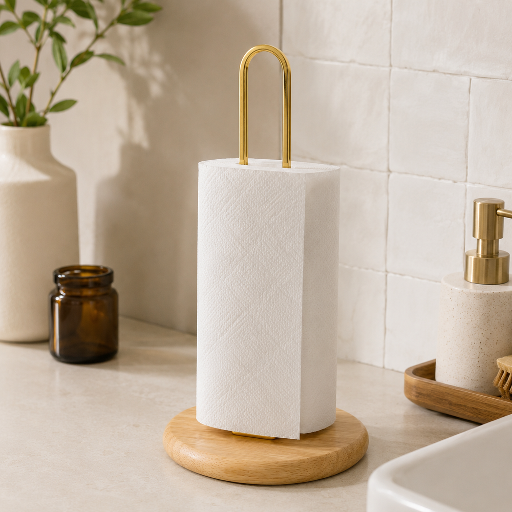 Premium Paper Towel Holder with Wooden Base | Gold & Black