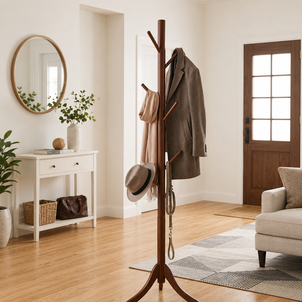 Free Standing Wooden Coat Tree with 6 Hooks – Coat Rack Stand for Coats, Hats, Bags & Purses