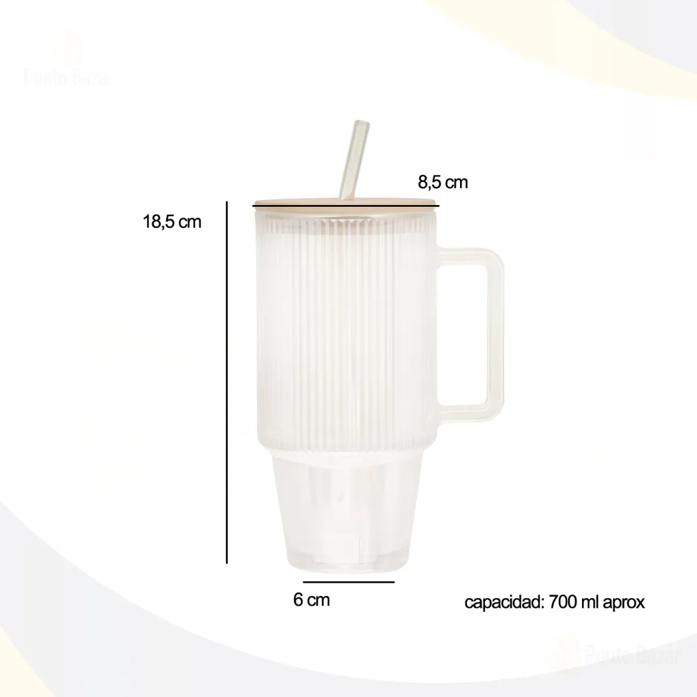 Ribbed Glass Tumbler with Handle, Straw & Bamboo Lid