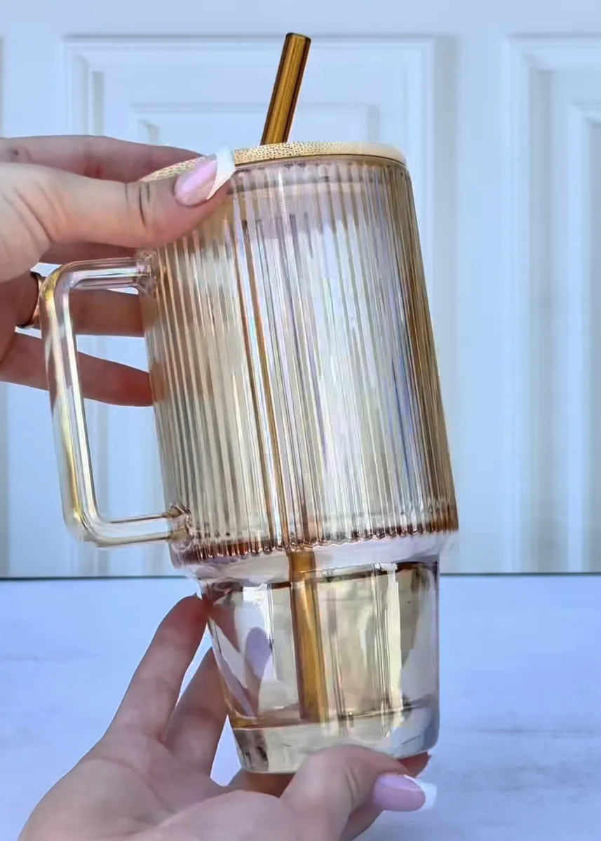 Ribbed Glass Tumbler with Handle, Straw & Bamboo Lid