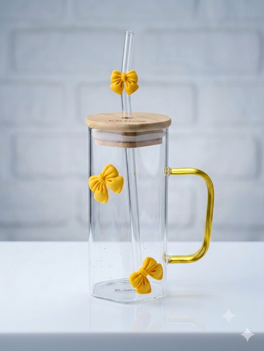 Green Bow Hexagonal Glass Tumbler with Straw