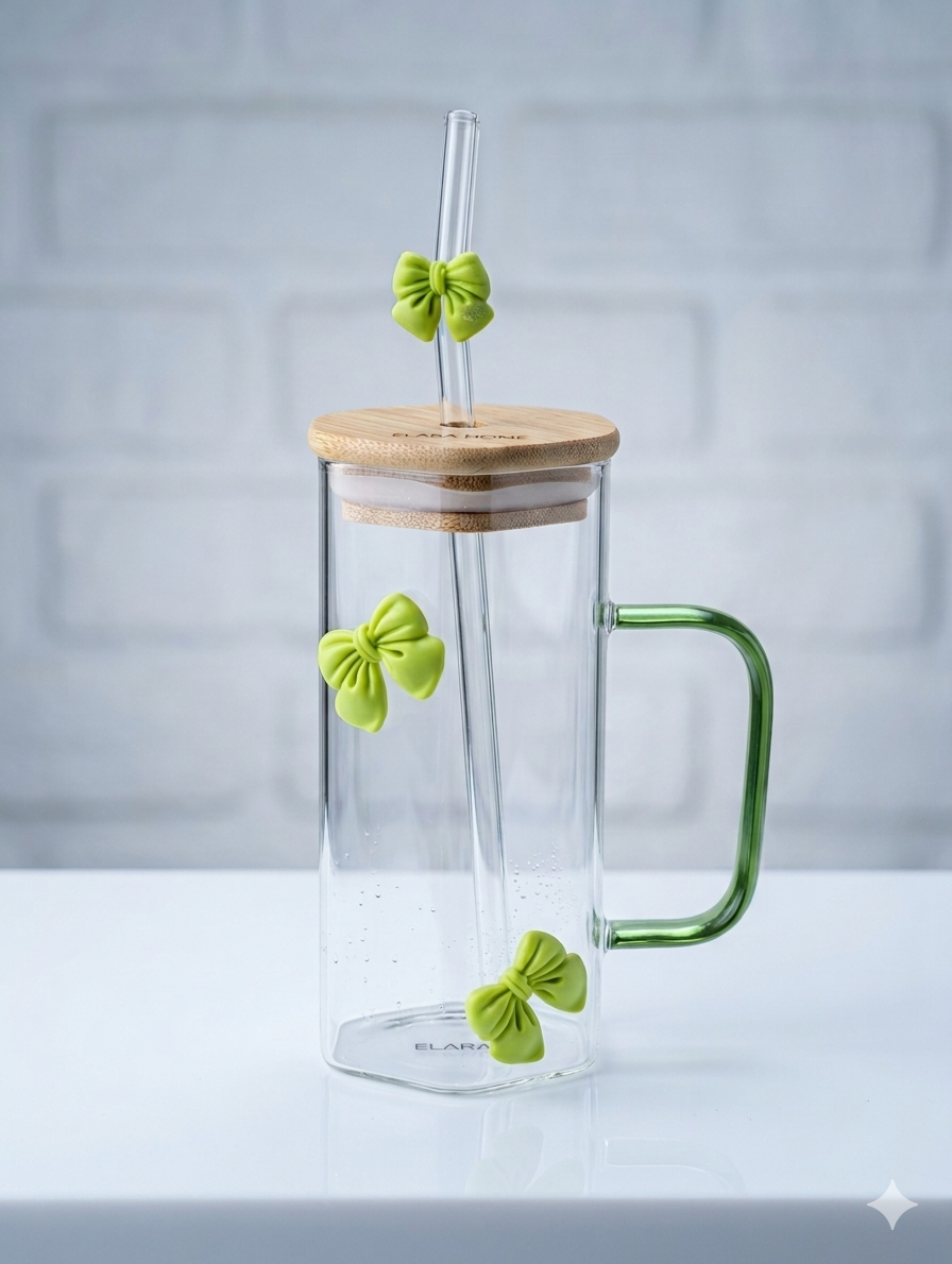 Green Bow Hexagonal Glass Tumbler with Straw