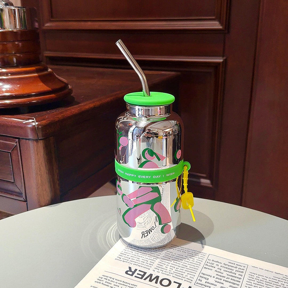 Random Color Water Bottle with Stainless Steel Straw and Silicone Lid