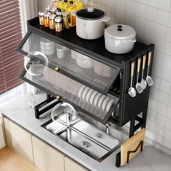 Over Sink Dish Drying Rack with Dust-Proof Cabinet Doors