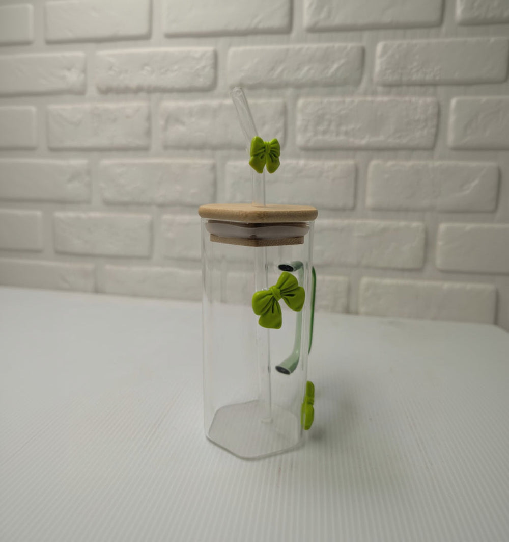 Green Bow Hexagonal Glass Tumbler with Straw