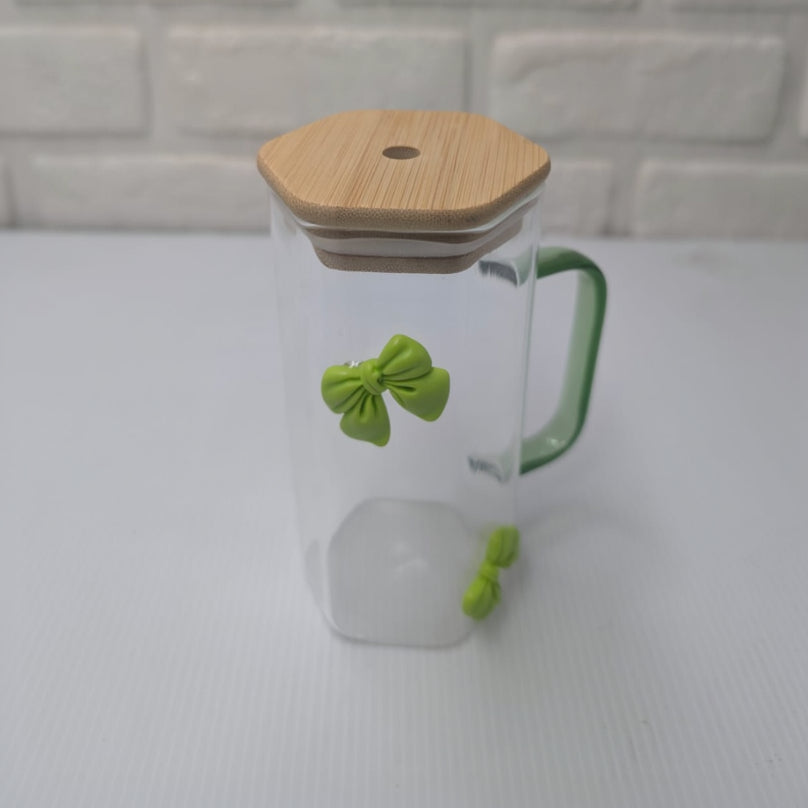 Green Bow Hexagonal Glass Tumbler with Straw