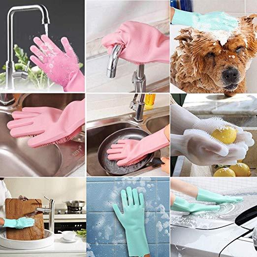 Magic Silicone Dishwashing Gloves 2 in 1 Wash Scrubber Household Supplies, Kitchen Tools for Dish Cleaning, Car Wash - 1 Pair