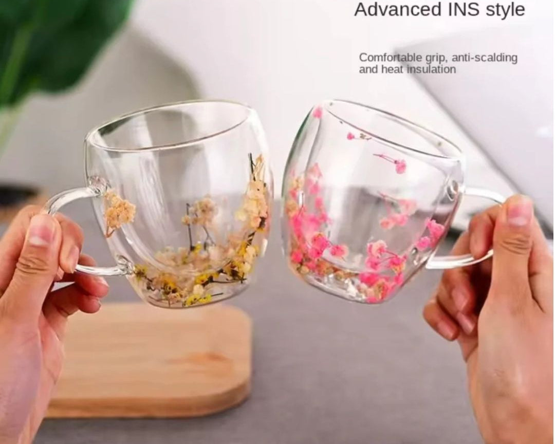Set of 6 - Mini Double Wall Glass Mug with Dry Flowers Inside