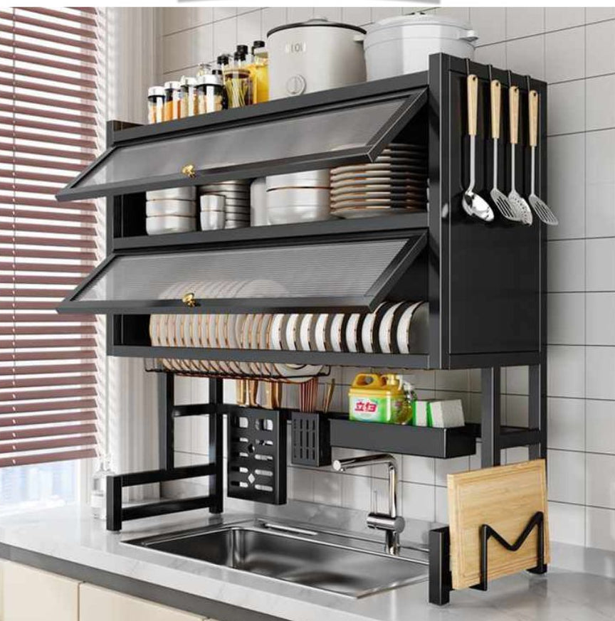 Over Sink Dish Drying Rack with Dust-Proof Cabinet Doors