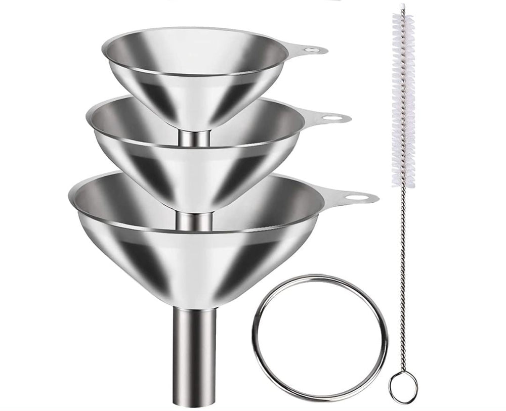 3Pcs Stainless Steel Kitchen Funnel Set with Cleaning Brush – Large, Medium & Small