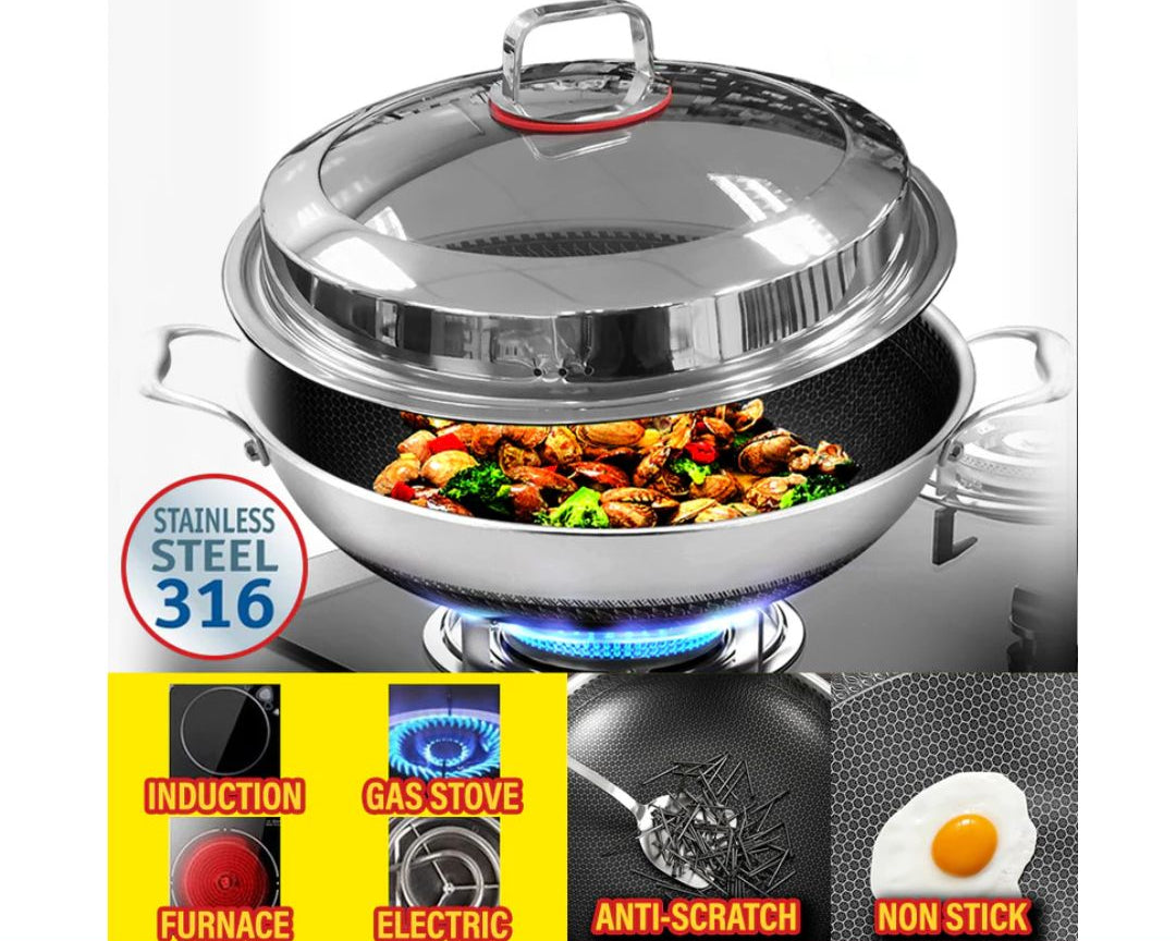 Double Sided Honeycomb Laser Coated Deep Wok With Dual Handles & Lid